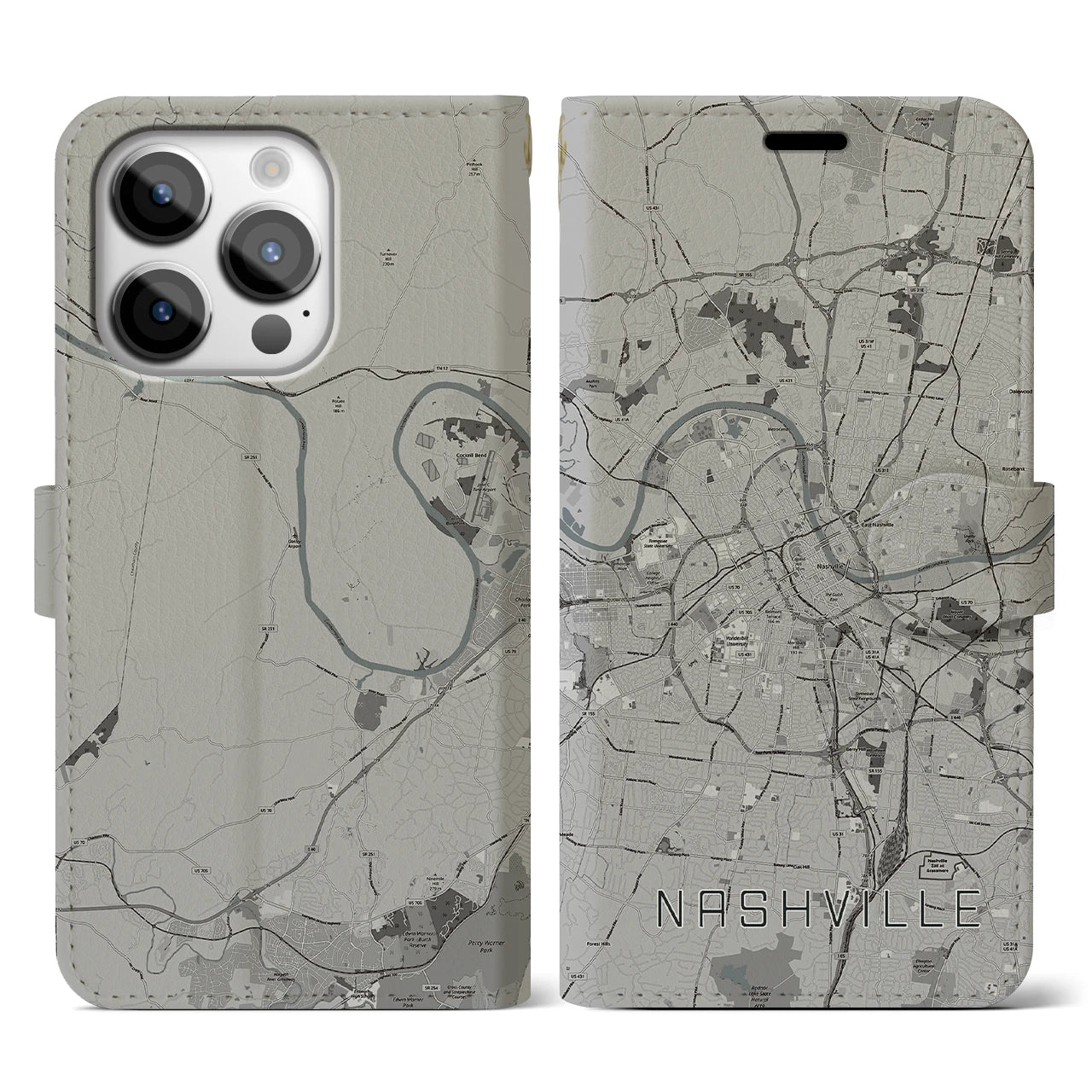 【ナッシュビル】地図柄iPhoneケース（手帳両面タイプ・モノトーン）iPhone 14 Pro 用