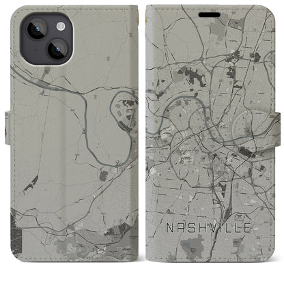 【ナッシュビル（アメリカ）】地図柄iPhoneケース（手帳タイプ）モノトーン・iPhone 14 Plus 用