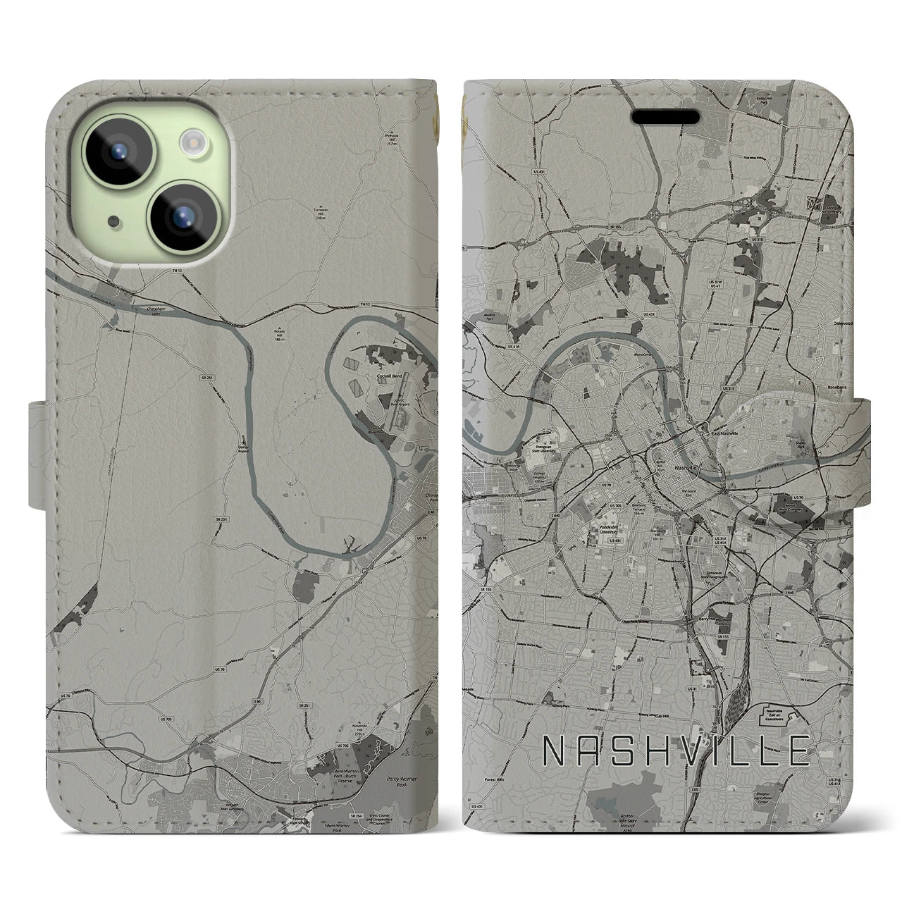 【ナッシュビル】地図柄iPhoneケース（手帳両面タイプ・モノトーン）iPhone 15 用