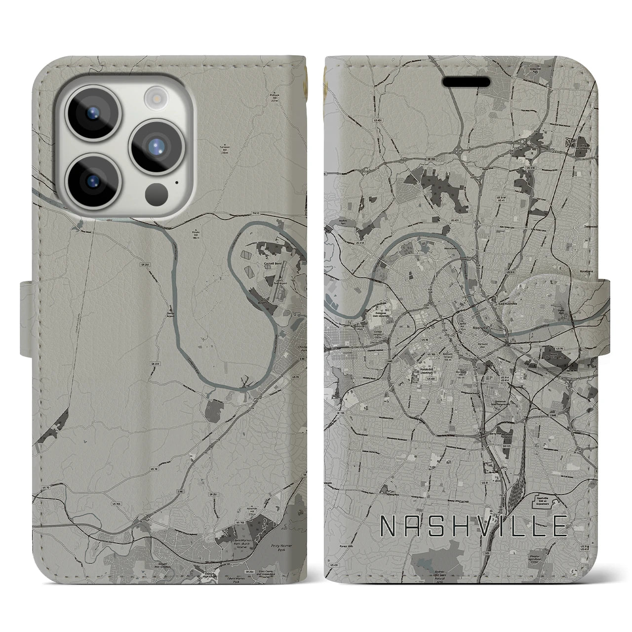 【ナッシュビル】地図柄iPhoneケース（手帳両面タイプ・モノトーン）iPhone 15 Pro 用