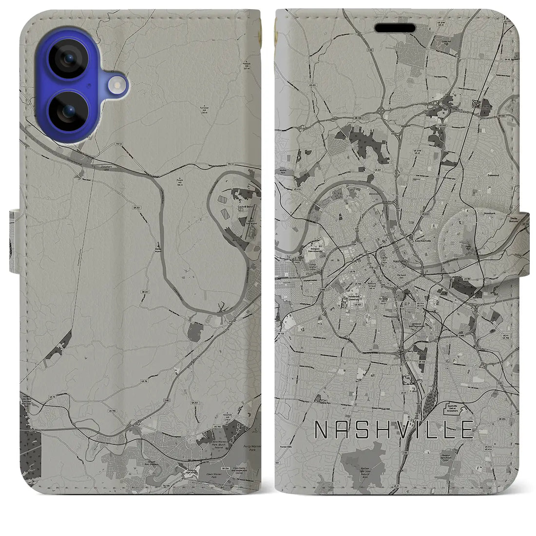 【ナッシュビル(アメリカ)】地図柄iPhoneケース(手帳タイプ)モノトーン・iPhone 16 Pro Max 用
