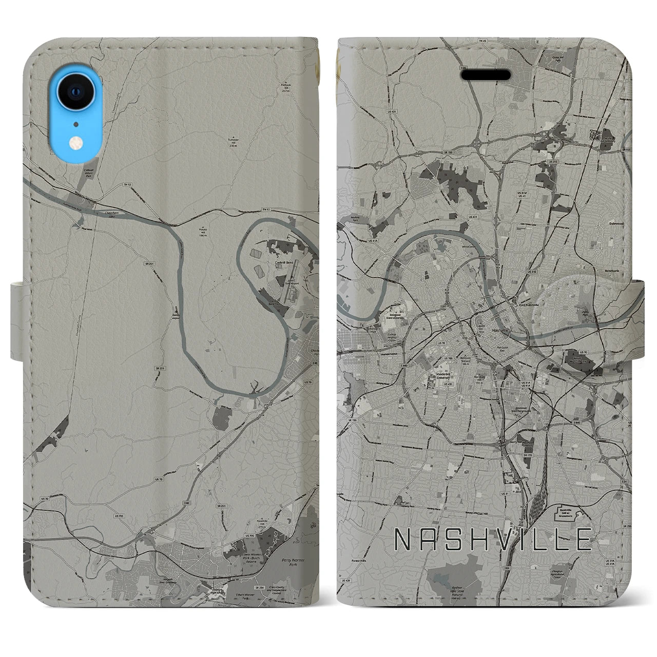 【ナッシュビル】地図柄iPhoneケース（手帳両面タイプ・モノトーン）iPhone XR 用