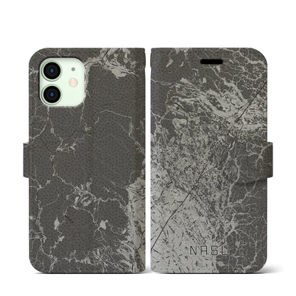 【那須（栃木県）】地図柄iPhoneケース（手帳タイプ）モノトーン・iPhone 12 mini 用