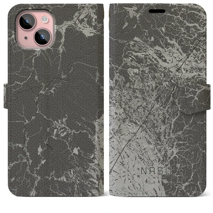 【那須（栃木県）】地図柄iPhoneケース（手帳タイプ）モノトーン・iPhone 15 Plus 用