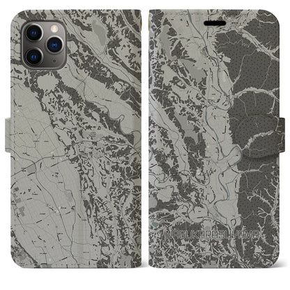 【那須烏山（栃木県）】地図柄iPhoneケース（手帳タイプ）モノトーン・iPhone 11 Pro Max 用