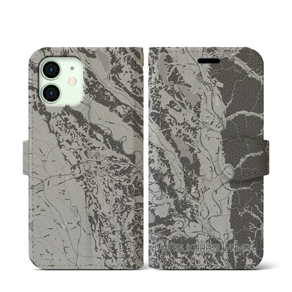 【那須烏山（栃木県）】地図柄iPhoneケース（手帳タイプ）モノトーン・iPhone 12 mini 用