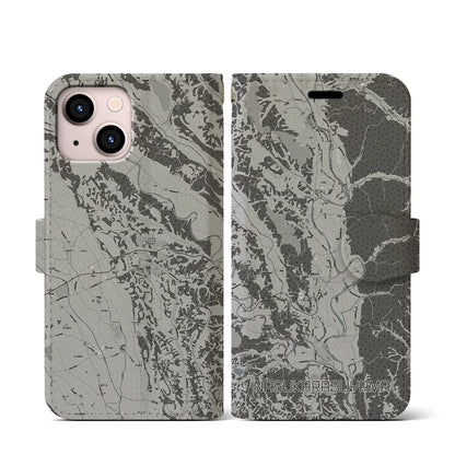 【那須烏山（栃木県）】地図柄iPhoneケース（手帳タイプ）モノトーン・iPhone 13 mini 用