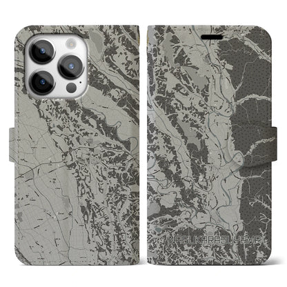 【那須烏山（栃木県）】地図柄iPhoneケース（手帳タイプ）モノトーン・iPhone 14 Pro 用