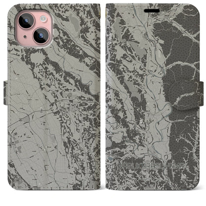 【那須烏山（栃木県）】地図柄iPhoneケース（手帳タイプ）モノトーン・iPhone 15 Plus 用