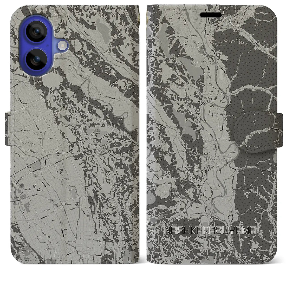 【那須烏山(栃木県)】地図柄iPhoneケース(手帳タイプ)モノトーン・iPhone 16 Pro Max 用