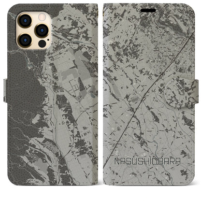 【那須塩原（栃木県）】地図柄iPhoneケース（手帳タイプ）モノトーン・iPhone 12 Pro Max 用