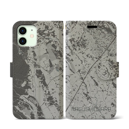 【那須塩原（栃木県）】地図柄iPhoneケース（手帳タイプ）モノトーン・iPhone 12 mini 用