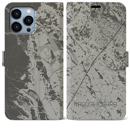【那須塩原（栃木県）】地図柄iPhoneケース（手帳タイプ）モノトーン・iPhone 13 Pro Max 用