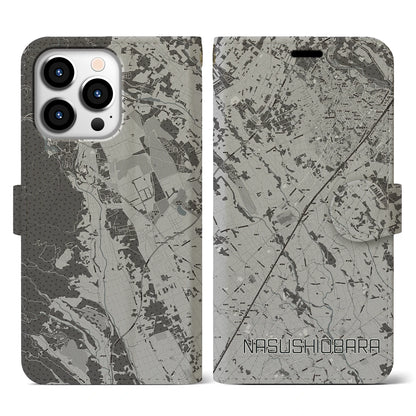 【那須塩原（栃木県）】地図柄iPhoneケース（手帳タイプ）モノトーン・iPhone 13 Pro 用