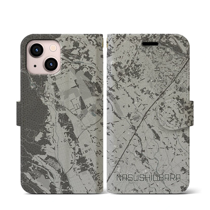 【那須塩原（栃木県）】地図柄iPhoneケース（手帳タイプ）モノトーン・iPhone 13 mini 用