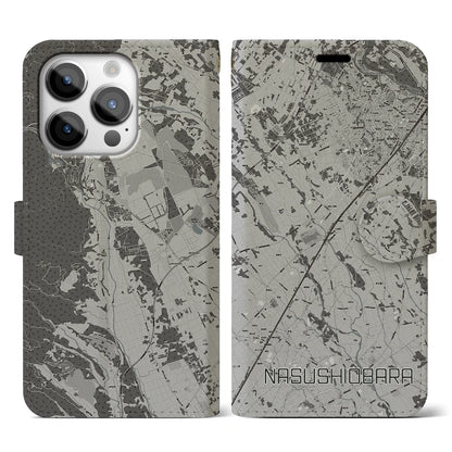 【那須塩原（栃木県）】地図柄iPhoneケース（手帳タイプ）モノトーン・iPhone 14 Pro 用