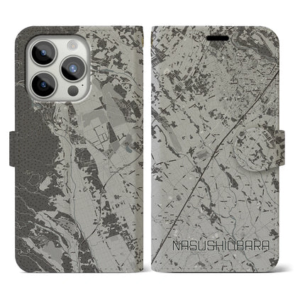【那須塩原（栃木県）】地図柄iPhoneケース（手帳タイプ）モノトーン・iPhone 15 Pro 用