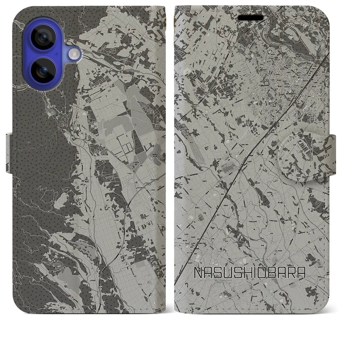 【那須塩原(栃木県)】地図柄iPhoneケース(手帳タイプ)モノトーン・iPhone 16 Pro Max 用