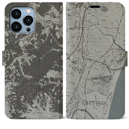 【名取（宮城県）】地図柄iPhoneケース（手帳タイプ）モノトーン・iPhone 13 Pro Max 用