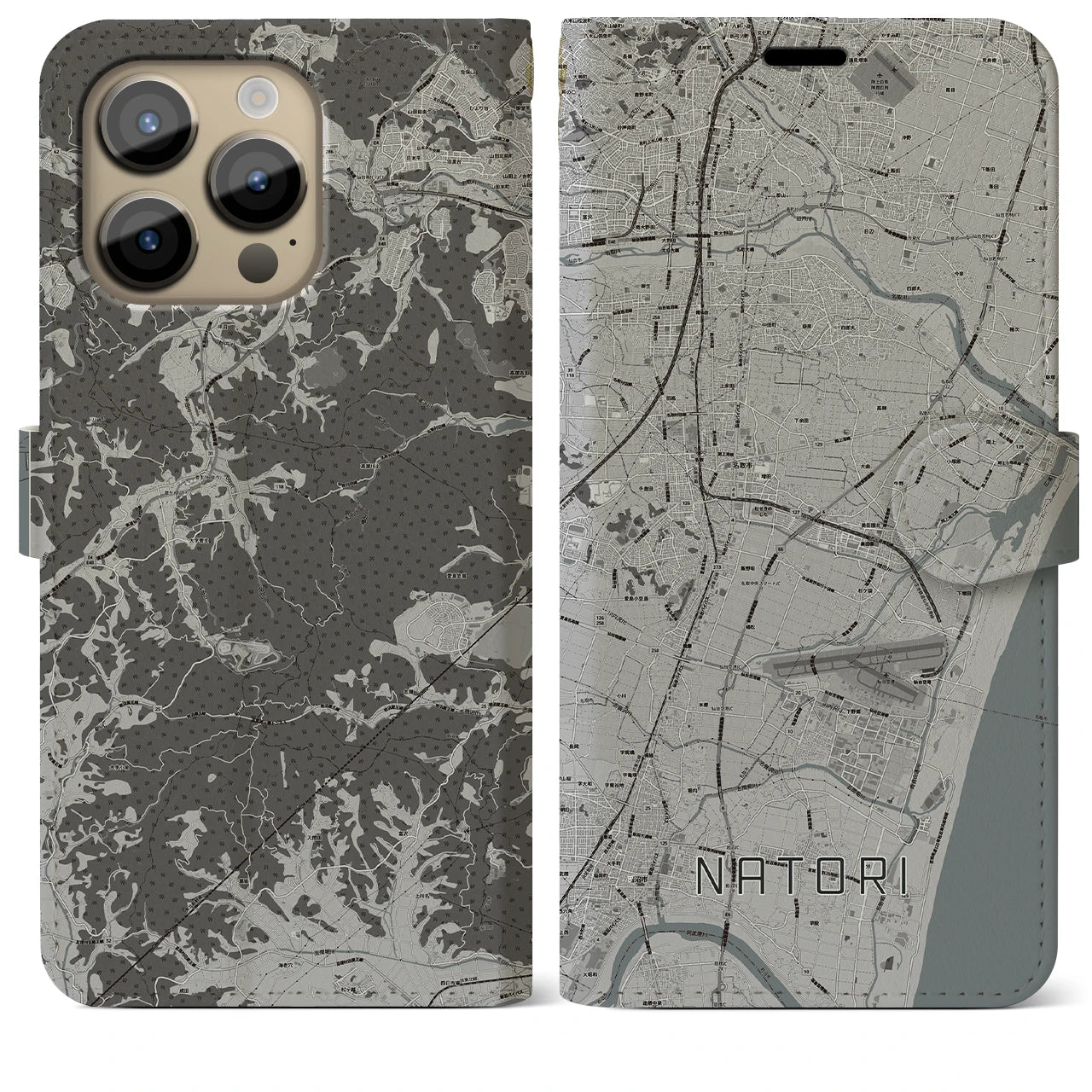 【名取】地図柄iPhoneケース（手帳両面タイプ・モノトーン）iPhone 14 Pro Max 用