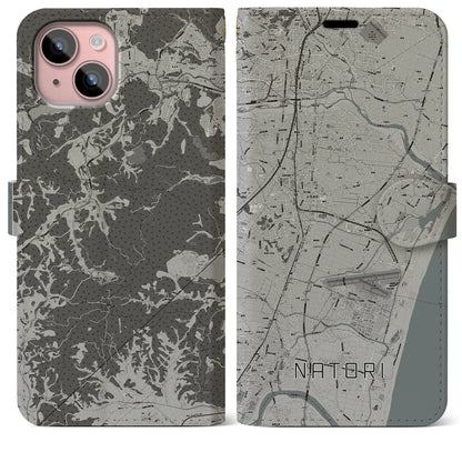 【名取（宮城県）】地図柄iPhoneケース（手帳タイプ）モノトーン・iPhone 15 Plus 用