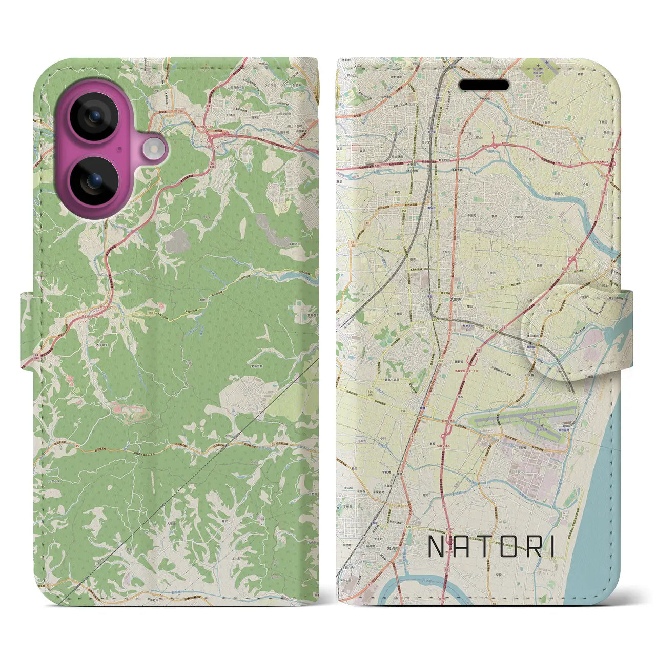 【名取（宮城県）】地図柄iPhoneケース（手帳タイプ）ナチュラル・iPhone 16 Pro 用