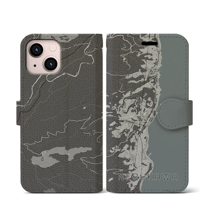 【根府川（神奈川県）】地図柄iPhoneケース（手帳タイプ）モノトーン・iPhone 13 mini 用