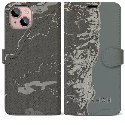 【根府川（神奈川県）】地図柄iPhoneケース（手帳タイプ）モノトーン・iPhone 15 Plus 用