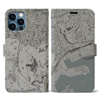 【根岸（神奈川県）】地図柄iPhoneケース（手帳タイプ）モノトーン・iPhone 12 / 12 Pro 用