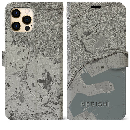 【根岸（神奈川県）】地図柄iPhoneケース（手帳タイプ）モノトーン・iPhone 12 Pro Max 用