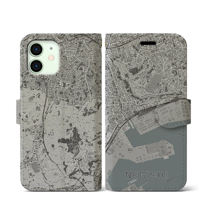 【根岸（神奈川県）】地図柄iPhoneケース（手帳タイプ）モノトーン・iPhone 12 mini 用