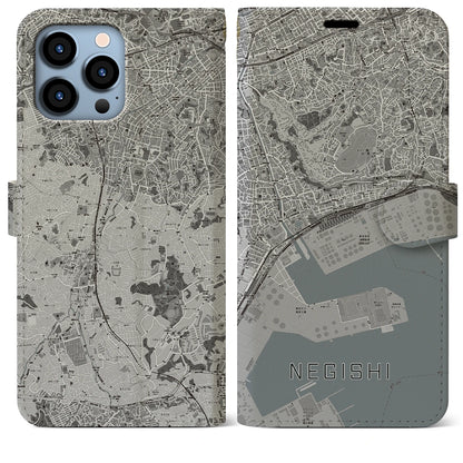 【根岸（神奈川県）】地図柄iPhoneケース（手帳タイプ）モノトーン・iPhone 13 Pro Max 用