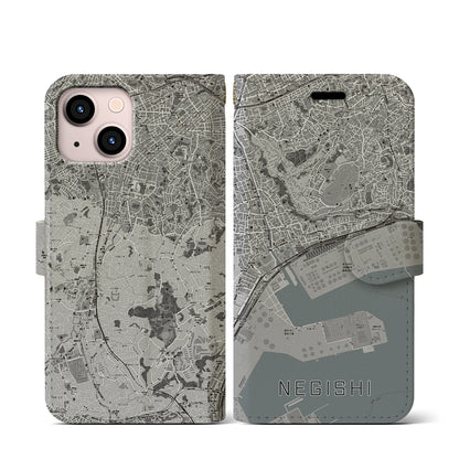 【根岸（神奈川県）】地図柄iPhoneケース（手帳タイプ）モノトーン・iPhone 13 mini 用