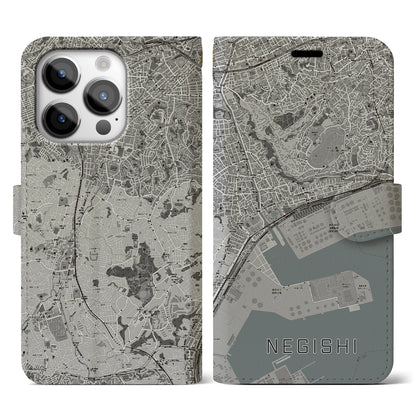 【根岸（神奈川県）】地図柄iPhoneケース（手帳タイプ）モノトーン・iPhone 14 Pro 用