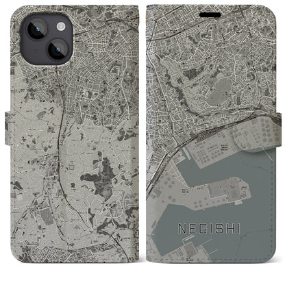 【根岸（神奈川県）】地図柄iPhoneケース（手帳タイプ）モノトーン・iPhone 14 Plus 用