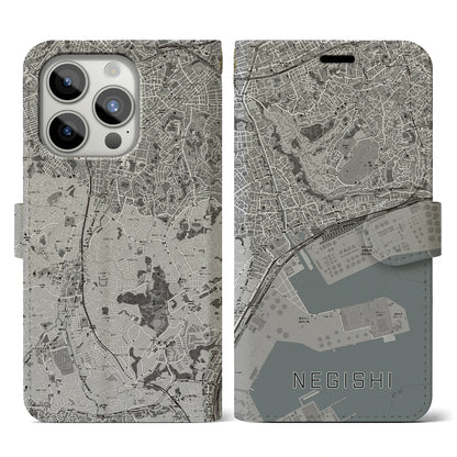 【根岸（神奈川県）】地図柄iPhoneケース（手帳タイプ）モノトーン・iPhone 15 Pro 用