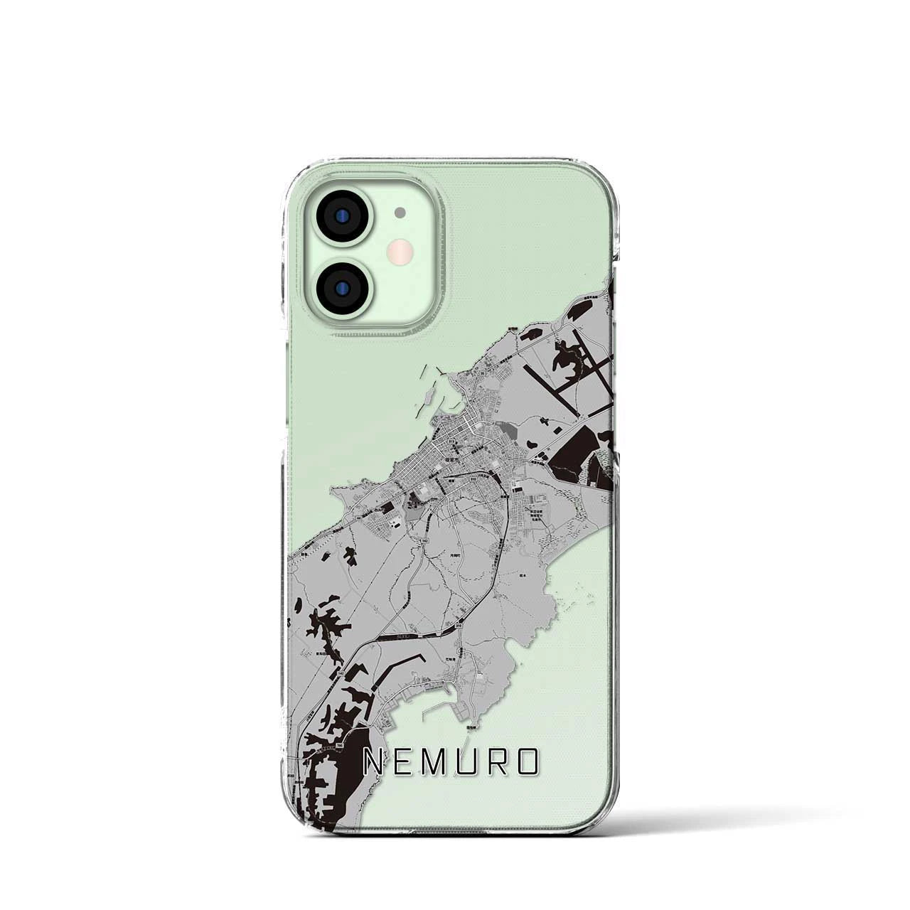 【根室（北海道）】地図柄iPhoneケース（クリアタイプ）モノトーン・iPhone 12 mini 用