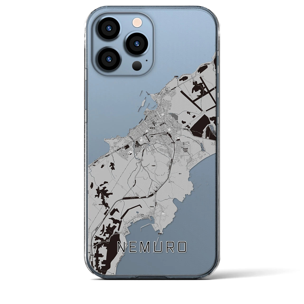 【根室（北海道）】地図柄iPhoneケース（クリアタイプ）モノトーン・iPhone 13 Pro Max 用