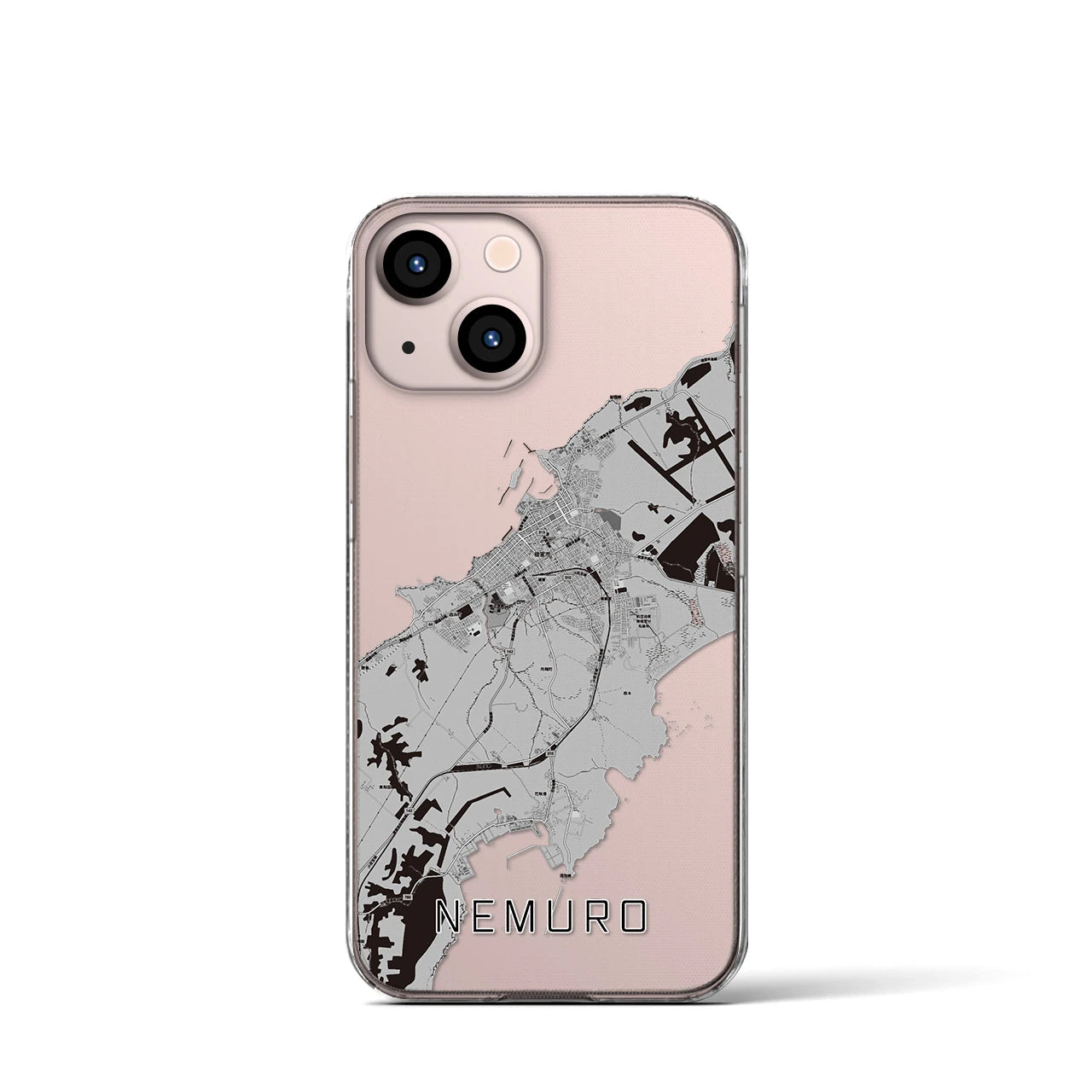 【根室（北海道）】地図柄iPhoneケース（クリアタイプ）モノトーン・iPhone 13 mini 用