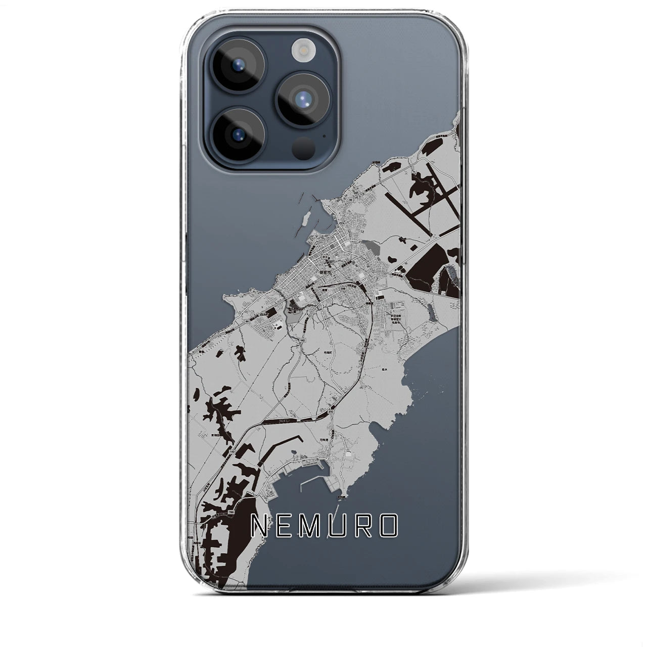 【根室（北海道）】地図柄iPhoneケース（クリアタイプ）モノトーン・iPhone 15 Pro Max 用