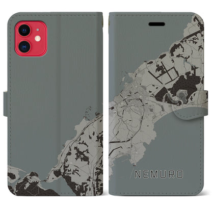 【根室（北海道）】地図柄iPhoneケース（手帳タイプ）モノトーン・iPhone 11 用