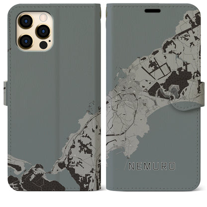 【根室（北海道）】地図柄iPhoneケース（手帳タイプ）モノトーン・iPhone 12 Pro Max 用