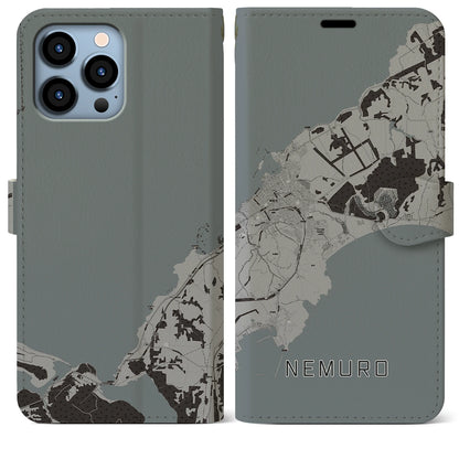 【根室（北海道）】地図柄iPhoneケース（手帳タイプ）モノトーン・iPhone 13 Pro Max 用