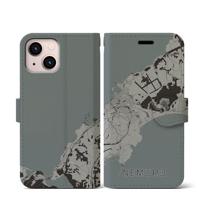 【根室（北海道）】地図柄iPhoneケース（手帳タイプ）モノトーン・iPhone 13 mini 用