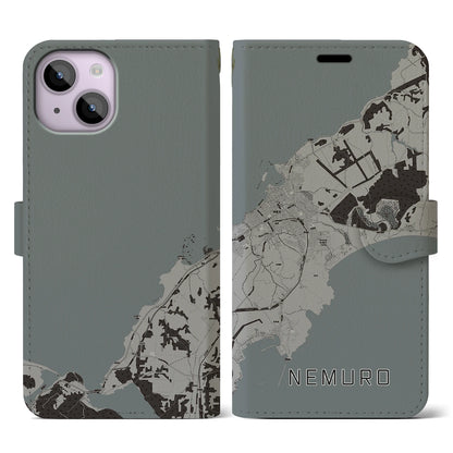 【根室（北海道）】地図柄iPhoneケース（手帳タイプ）モノトーン・iPhone 14 用