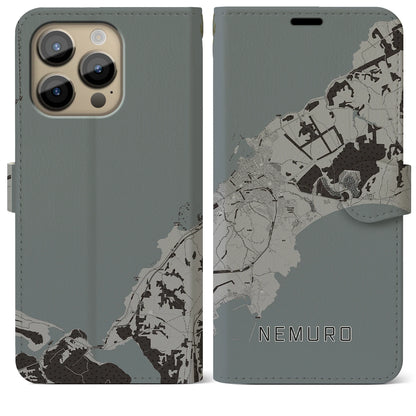 【根室（北海道）】地図柄iPhoneケース（手帳タイプ）モノトーン・iPhone 14 Pro Max 用