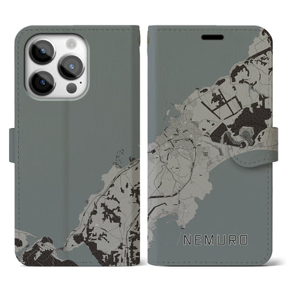 【根室（北海道）】地図柄iPhoneケース（手帳タイプ）モノトーン・iPhone 14 Pro 用