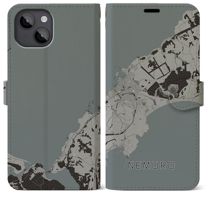 【根室（北海道）】地図柄iPhoneケース（手帳タイプ）モノトーン・iPhone 14 Plus 用