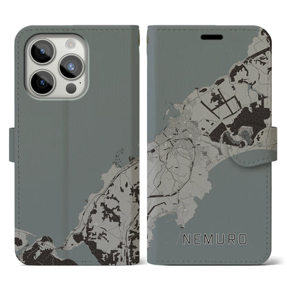 【根室（北海道）】地図柄iPhoneケース（手帳タイプ）モノトーン・iPhone 15 Pro 用