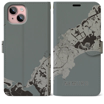 【根室（北海道）】地図柄iPhoneケース（手帳タイプ）モノトーン・iPhone 15 Plus 用